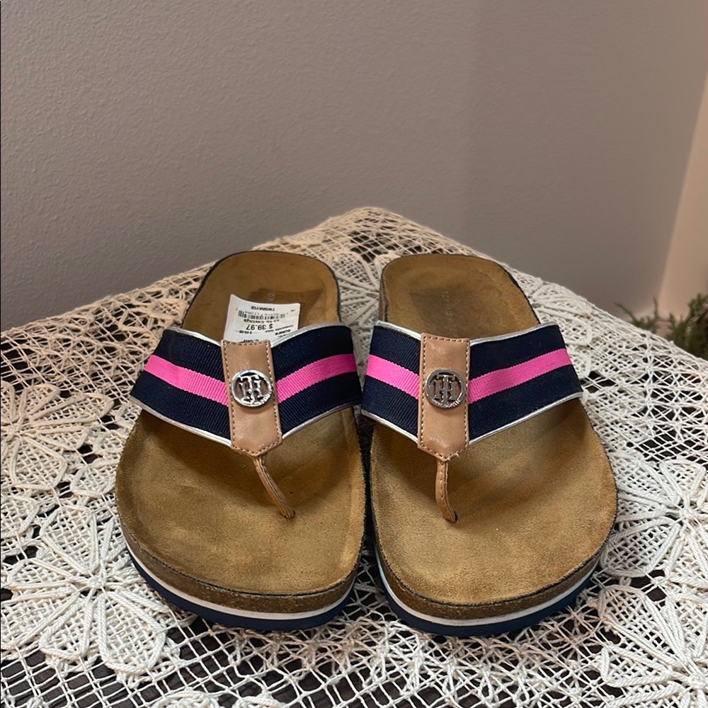 NWT Tommy Hilfiger sandles with leather &  cork soles and pink & navy straps